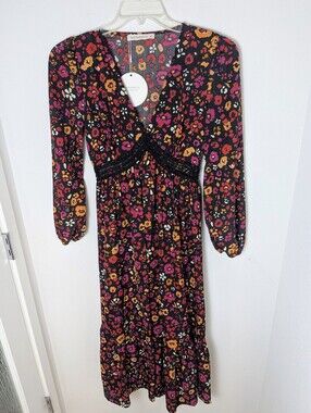 RusttyDustty Black Floral Lace Tiered Ruffle Maxi Dress Sz M Bohemia Long Sleeve